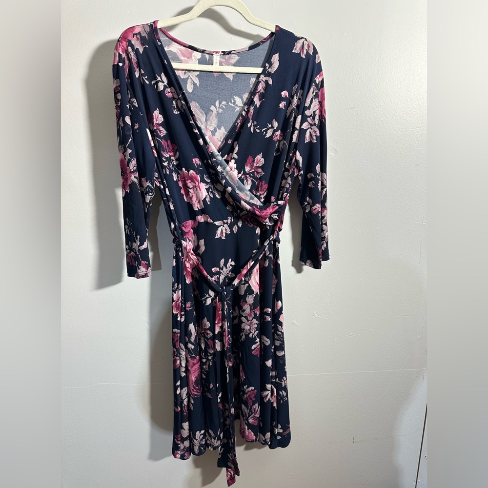 Pink Blush Women’s 2X Blue Pink Floral Wrap Long Sleeved A-line Dress | SKU 0315